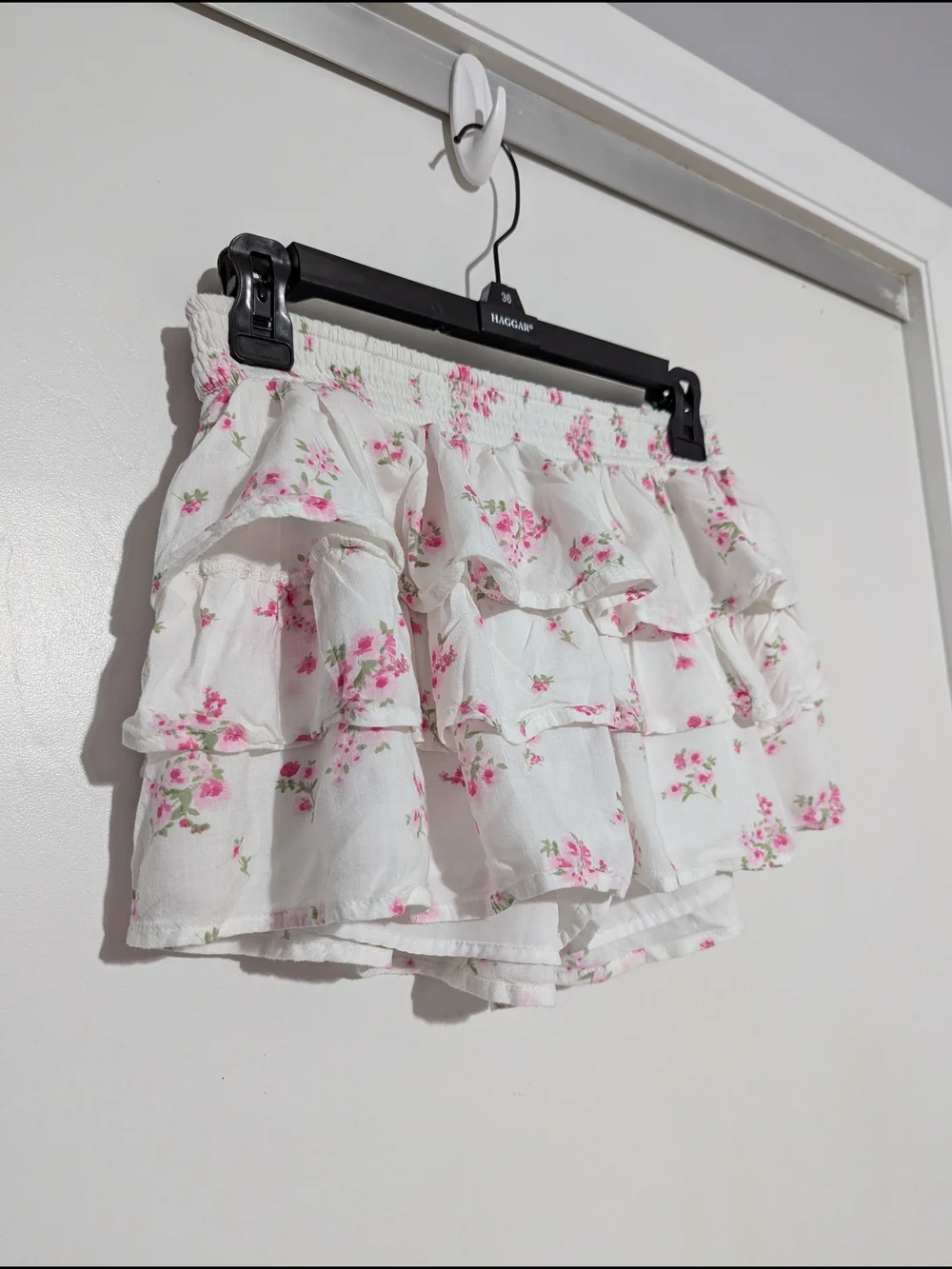 Hollister White Mini Skirt with Pink Floral Ruffles